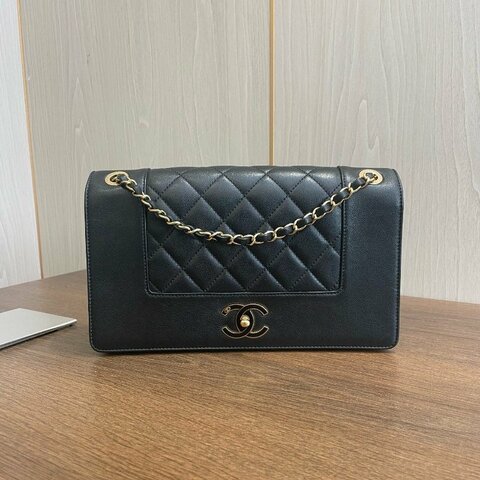 香奈兒/Chanel 黑金牛皮大號 琺瑯扣雙C雙蓋口蓋包