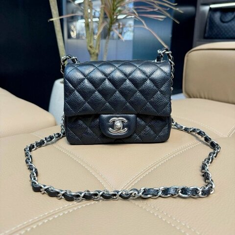 香奈兒/Chanel CF黑銀荔枝紋牛皮方胖子鏈條包