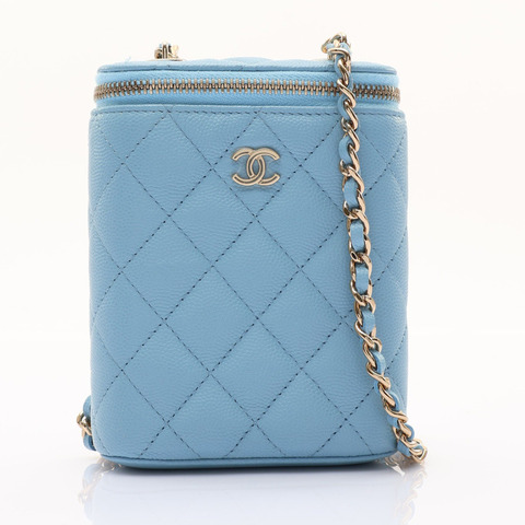 藍色 菱格紋牛皮 Small Vertical Coco Beauty Vanity Case 鍊帶 肩背包【CHANEL 香奈兒】 AP2195