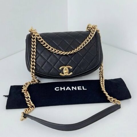 香奈兒/Chanel 黑金半月鏈條馬鞍包 牛皮菱格雙環 CF旋扣
