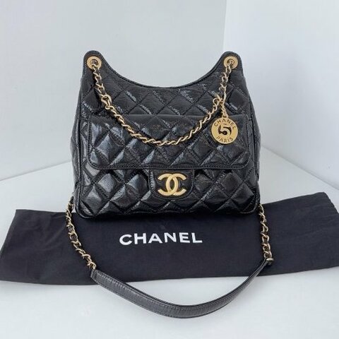 芯片款 香奈兒/Chanel 黑金Hobo油蠟皮中號 可調節鏈條肩背斜背包