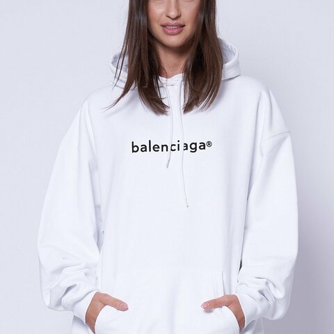 巴黎世家BALENCIAGA  白色厚磅Logo落肩帽T