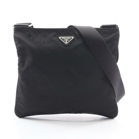 PRADA 三角形標誌斜背肩背包 VA0053 尼龍 Saffiano 皮革 黑色