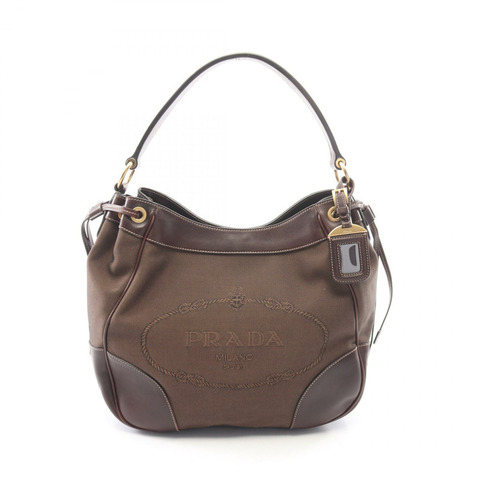 PRADA Logo Jacquard 單肩包 帆布皮革 棕色 二手 女士