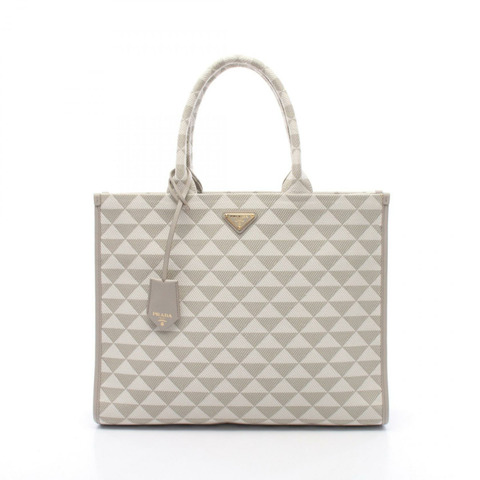 PRADA TRIANGOLO 提花符號刺繡手提包 1BA356 帆布 灰白色