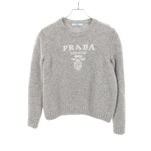 PRADA 標誌圓領針織衫 P24B2Q 羊絨羊毛 灰色 #38 二手 女款