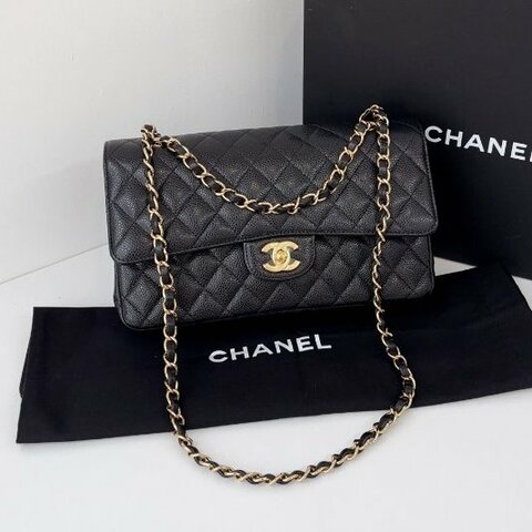 閒置新 香奈兒/Chanel CF黑金魚子醬中號 雙蓋紅內裡鏈條包