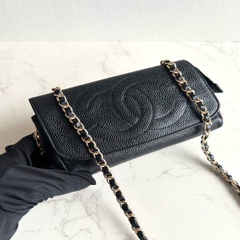 Chanel連鏡子黑金魚子醬皮革包 中古包 側背包 斜背包 二手古董包