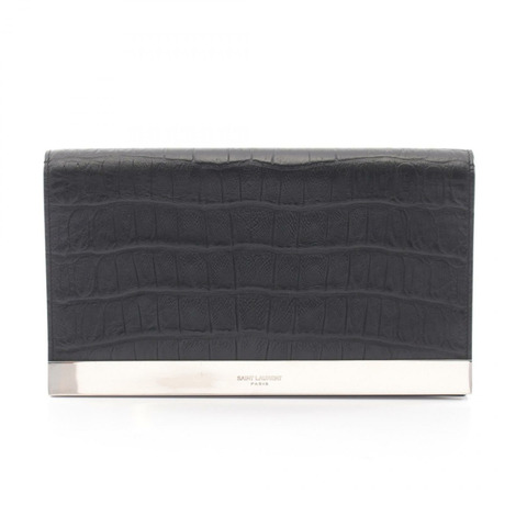 SAINT LAURENT PARIS 壓紋商務手拿包 392346 黑色皮革 二手