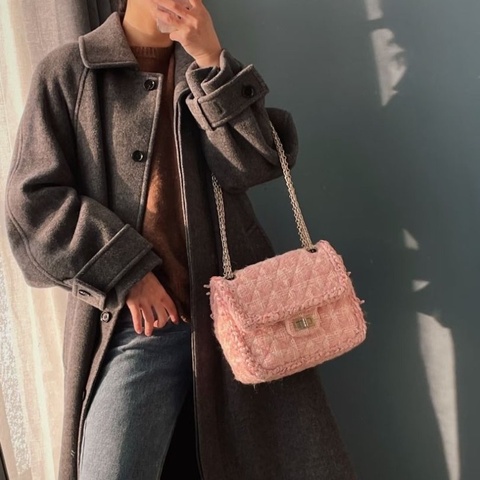 CHANEL 粉色千鳥格2.55肩背斜背包 23.5*19.5 95新 配件塵袋