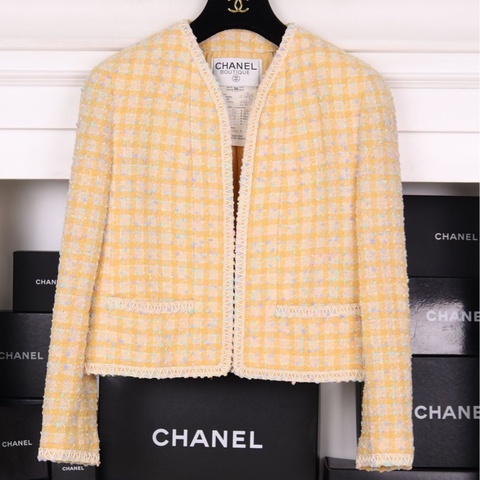 Chanel 94年黄色格纹糖豆电话线滚边上衣外套