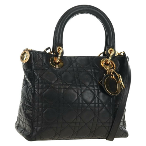 Christian Dior Lady Dior Canage 羊皮兩用包 黑色金色 正品 185972SAM