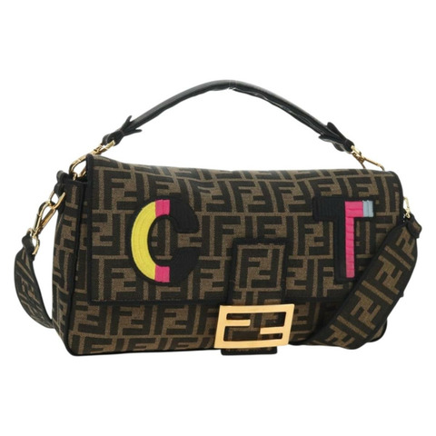 FENDI Zucca帆布Mamma Baguette單肩包，兩用款，黑色/棕色，正品，貨號185598SM