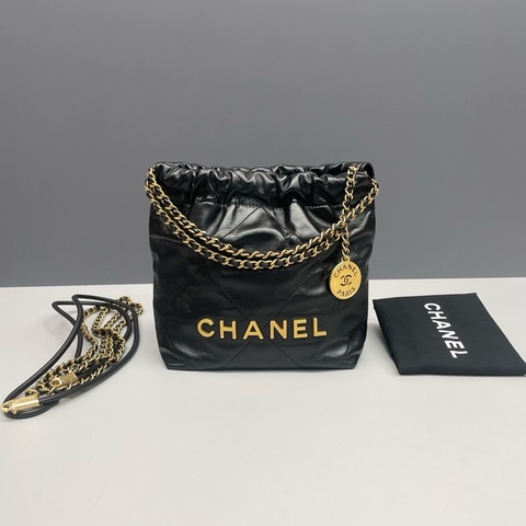 Chanel香奈兒 黑金Mini 22bag垃圾袋 單肩包手提包 芯片款，