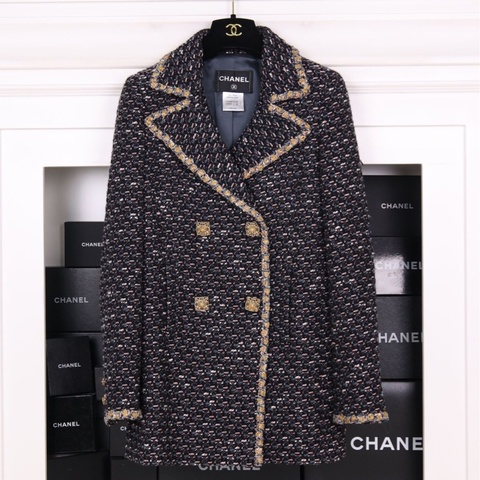 Chanel 11年拜占庭系列蓝黑编织金线滚边双排琉璃扣两口袋大衣外套