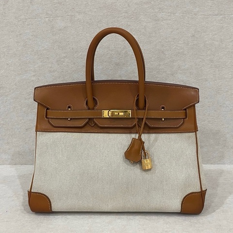 愛馬仕Hermes Birkin35 手提包 馬鞍拼帆布 金扣