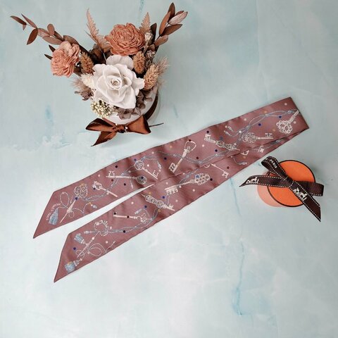 HERMES 全新紫棕色twilly圓點鑰匙絲巾