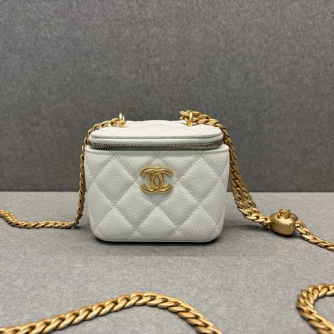 Chanel香奈兒 23P 白色荔枝牛皮 愛心金球 化妝盒 盒子包鏈條包斜挎包芯片款，