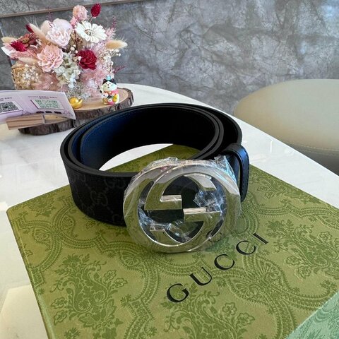 GUCCI 黑灰老花帆布銀扣皮帶