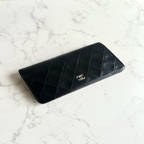 Chanel 黑色銀扣皮革長夾 錢包 皮夾 中古包 二手包 古董包 手拿