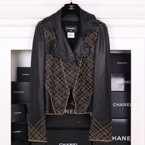 Chanel 11年拜占庭金色菱格纹链条小羊皮皮衣外套