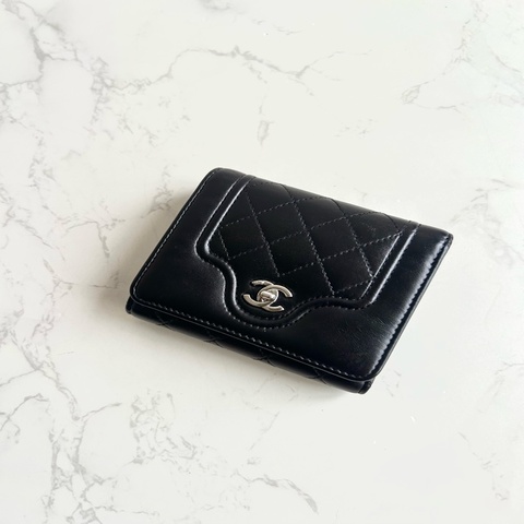 Chanel 黑色銀扣皮革短夾 錢包 皮夾 中古包 二手包 古董包 中夾