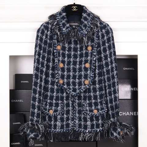 Chanel 14年达拉斯秀款蓝色格纹粗花呢毛领上衣外套