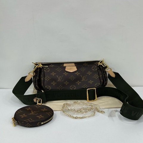 LV Multi Pochette Accessoires 五合一麻將包 老花 墨綠肩帶 +鏈條 20年