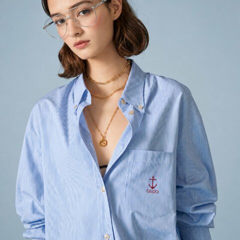 42號 ::GUCCI:: Striped cotton shirt in blue and white 藍白直紋 紅色刺繡襯衫