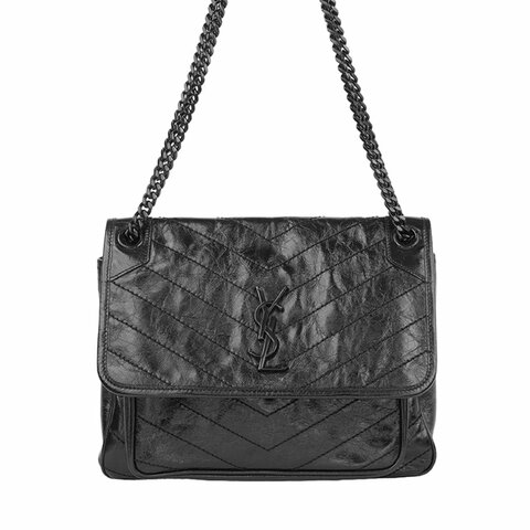 Saint Laurent Niki Medium 黑色復古皺褶牛皮鏈條包｜YSL Niki 中款肩背包 斜背包 黑色黑鍊
