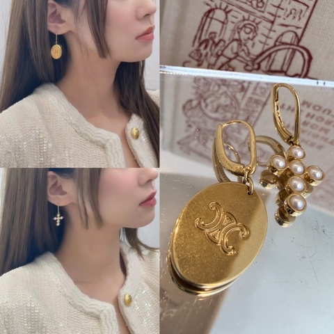 CELINE✨珍珠十字架以及凱旋門Logo標誌針式耳環 不對稱耳環