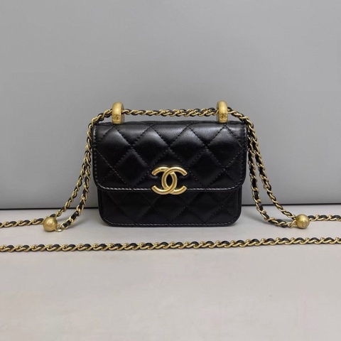 Chanel香奈兒 黑金全皮菱格雙金球 mini鏈條包
