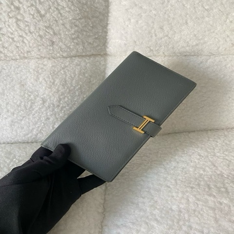98新Hermes 愛馬仕bearn長錢包錢夾杏仁綠金扣 ep皮