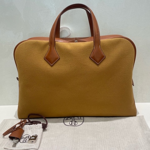 愛馬仕 Hermes victoria維多利亞帆布拼皮手拎包 框Q刻