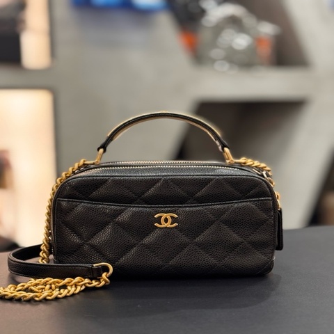 Chanel香奈兒盒子荔枝皮雙拉鍊復古手柄斜挎包