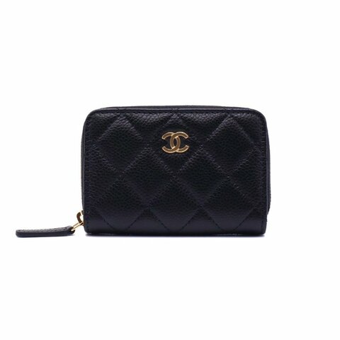 CHANEL 經典粒面牛皮拉鍊零錢包 - 黑金