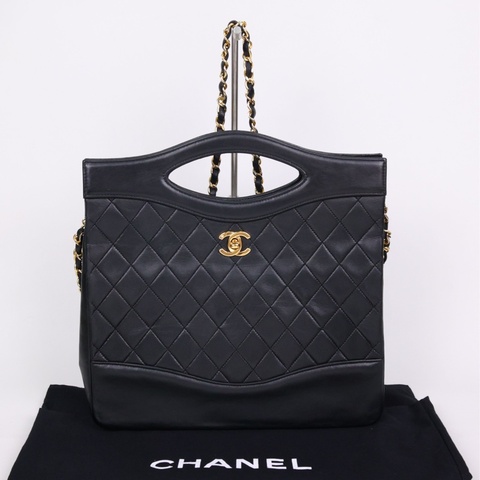 Chanel 1开黑金小羊皮菱格纹31bag单肩包