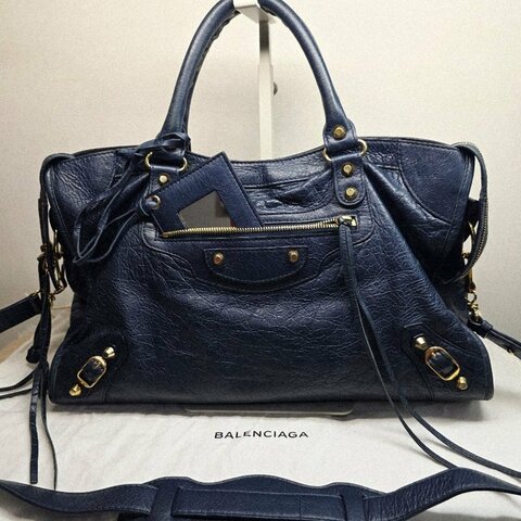 Balenciaga巴黎世家  絕美深藍  中款機車包 新版 Le City 長背帶 手提/肩背/斜跨 三用包