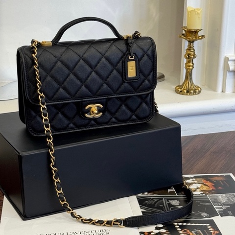 CHANEL CF軍牌提把郵差包荔枝黑 AS3653/晶片款