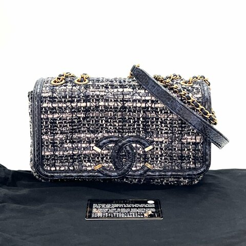 CHANEL 藍色金扣粗毛呢  拼蛇皮肩背斜背包 22*14*5.5 98新配件塵袋保卡