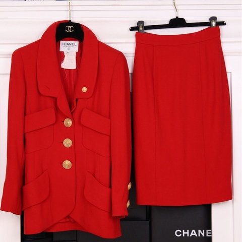 Chanel 红金草帽金扣四口袋上衣外套半裙套装