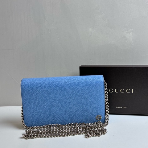 Gucci/古馳 GG woc鏈條包 斜挎包 98新 藍色 牛皮材質