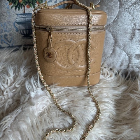 香奈兒 中古 絕版 Chanel 經典Vintage 魚子醬 荔枝紋 牛皮 直筒化妝箱Vanity Case 斜背包 中古包