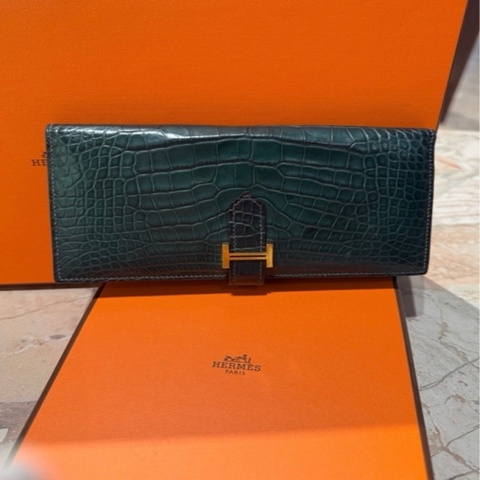 Hermès 愛馬仕 Bearn牛皮長錢包H扣 深綠色 長19cmX10cm