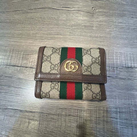 GUCCI 古馳】經典Ophidia GG印花綠紅綠織帶皮革飾邊中夾 (棕色