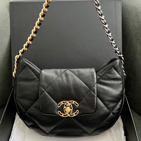 Chanel/香奈兒 24C 19bag系列hobo腋下包單肩包餃子包 黑色 雙色粗鏈條