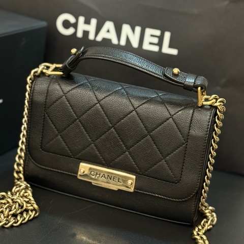 Chanel香奈兒 flapbag 郵差包 荔枝紋牛皮黑金鍊條包手提包斜挎包