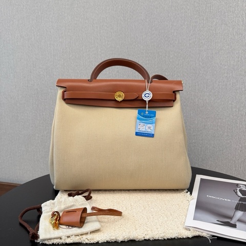 Hermes愛馬仕herbag31金棕金扣冰川白帆布拼皮單肩包手提包斜挎包