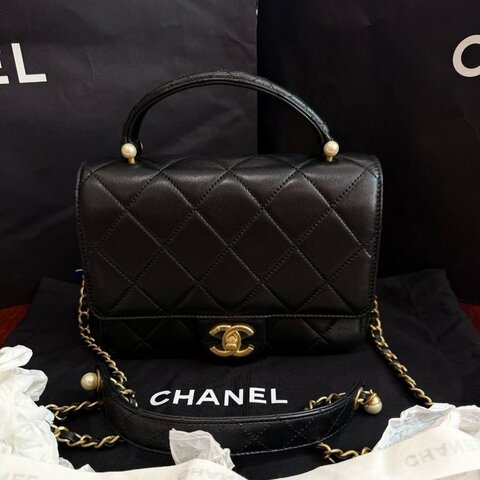 閒置新 香奈兒/Chanel 珍珠手柄CF大mini黑金小羊皮手提鏈條包
