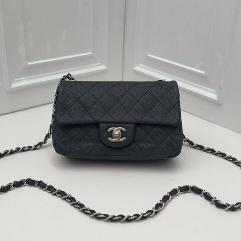 香奈兒/Chanel CF炫彩黑銀荔枝皮方胖子鏈條包